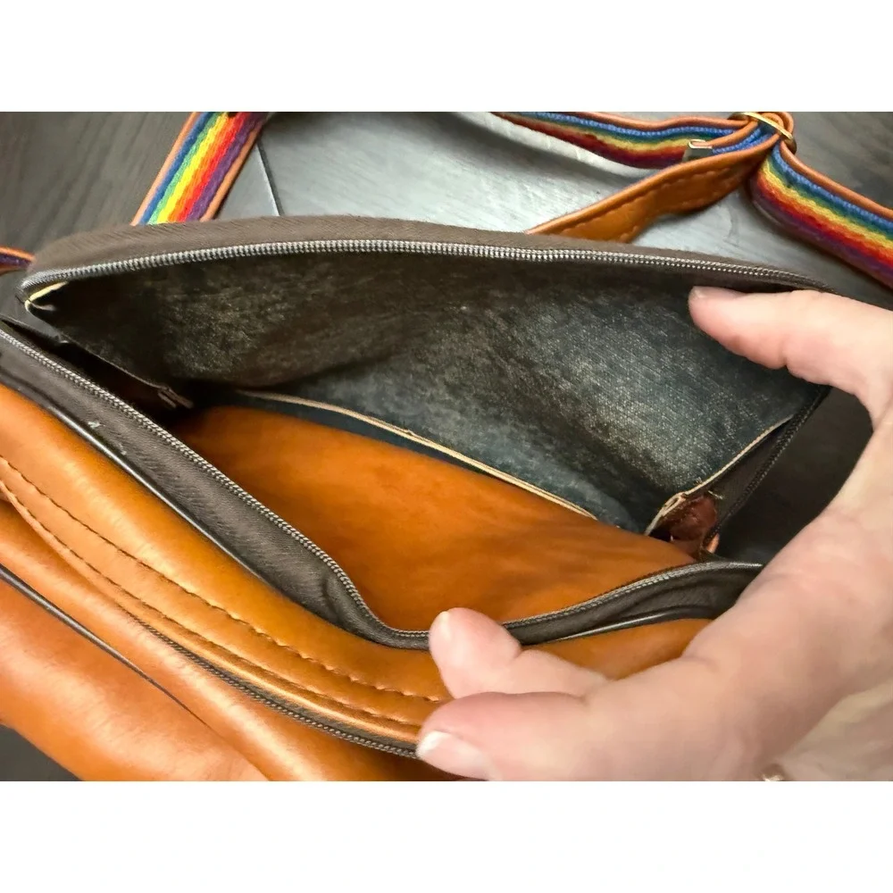 Vintage Kodak Instant Camera Bag Tan Faux Leather Rainbow Strap Retro Case